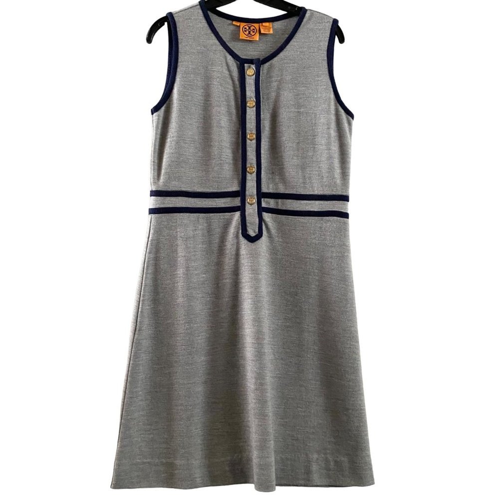 Tory Burch Gray Knit Sleeveless Dress with Navy Trim